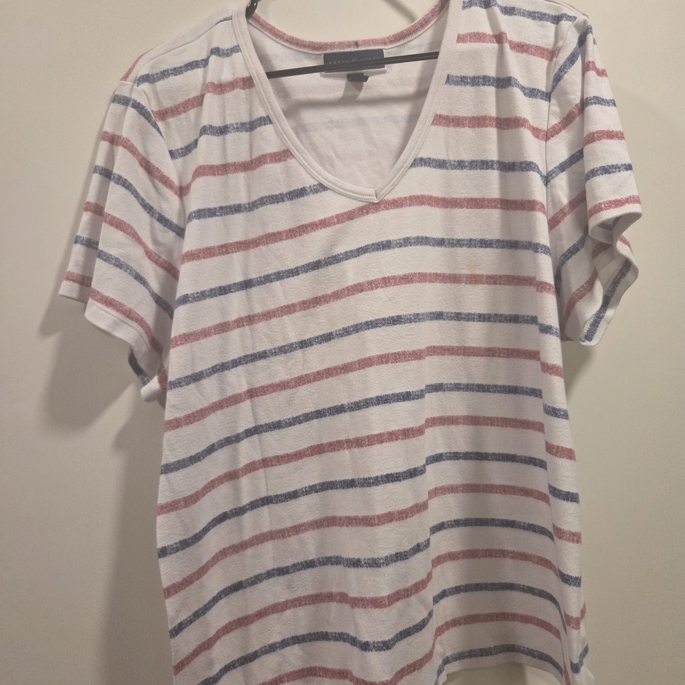 Karen Scott White Tee with Red and Blue Stripes